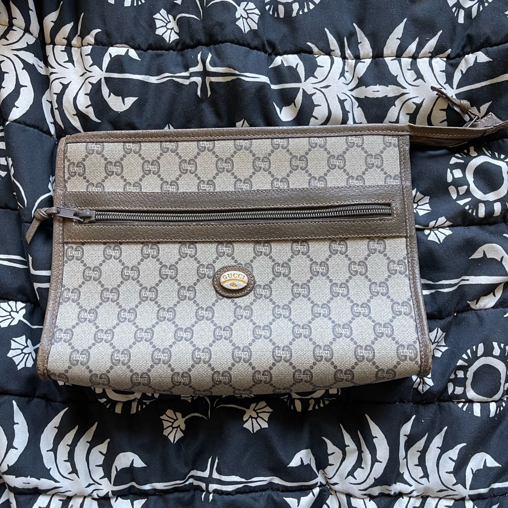 Gucci Brown Leather Trim Monogram Wristlet